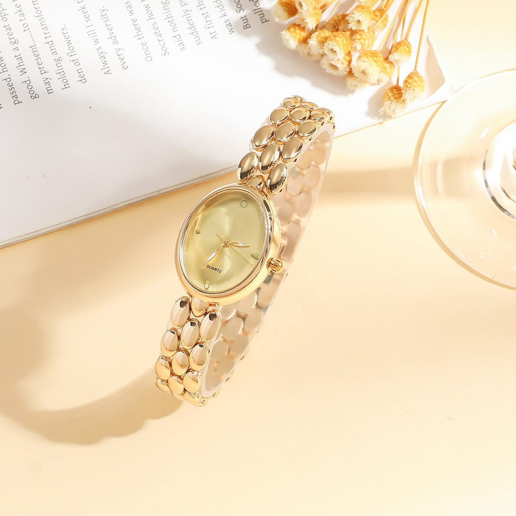 Women’s Oval Bracelet Watch – Minimalist Beaded Link Watch, Lightweight Oval Dial, Quartz Analog Timepiece