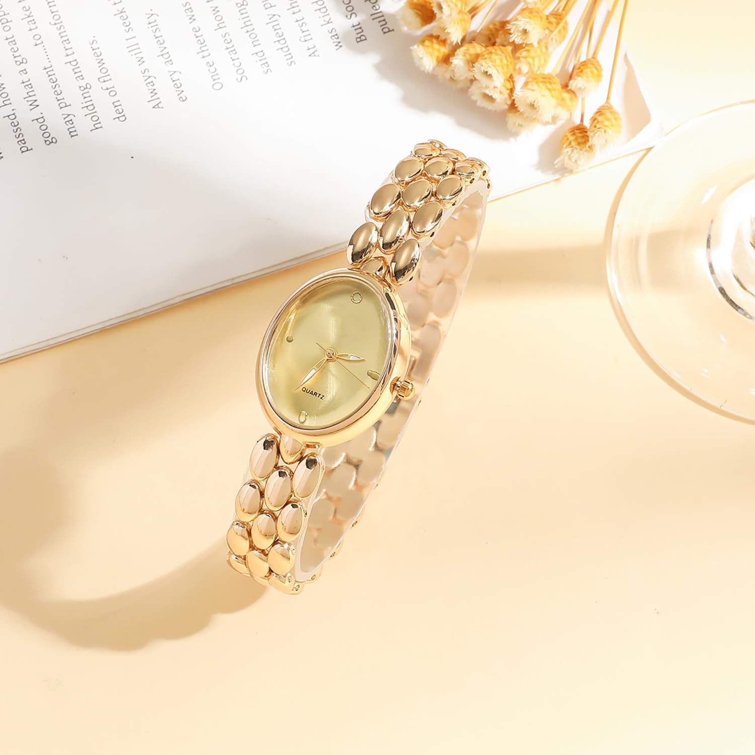Women’s Oval Bracelet Watch – Minimalist Beaded Link Watch, Lightweight Oval Dial, Quartz Analog Timepiece