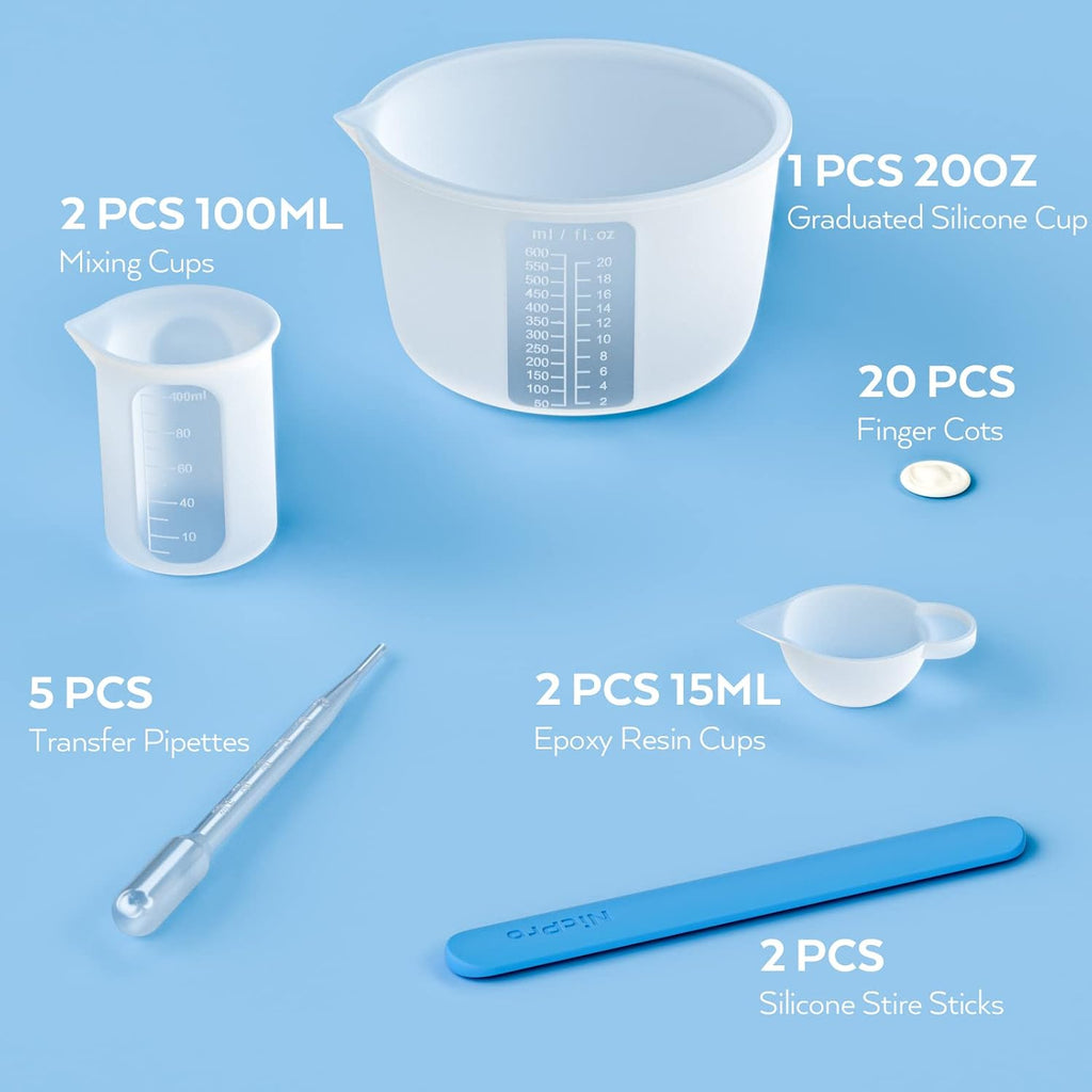 Large Silicone Resin Measuring Cups Tool Kit - Nicpro Reusable 600ml & 100ml Measure Cup, Silicone Stir Sticks