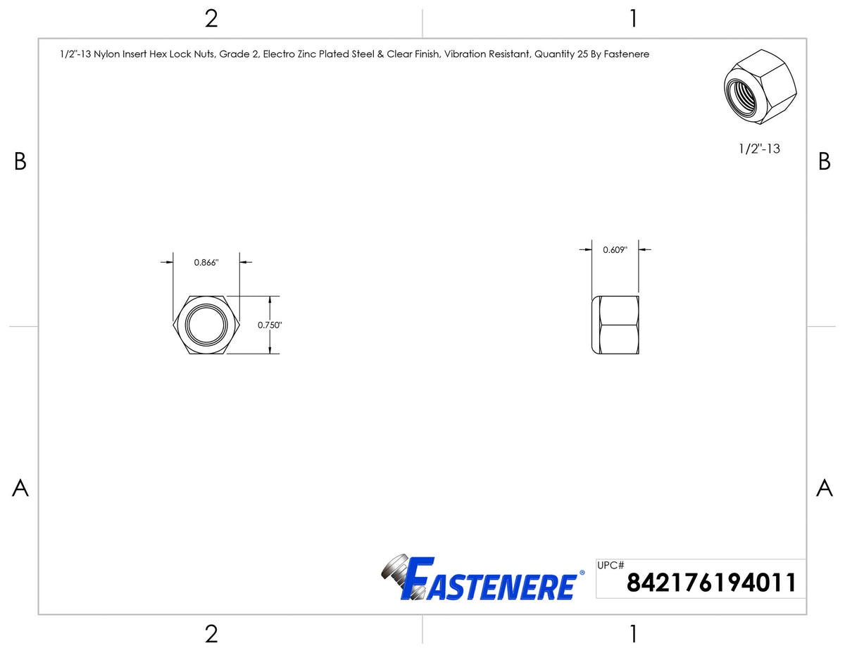 Fastenere Nylon Insert Hex Lock Nuts 1/2"-13 Grade 2 Zinc, Clear Finish, Vibration-Resistant, Durable Hardware Nuts for Secure Fastening, Locking Nut, (25-Pack)