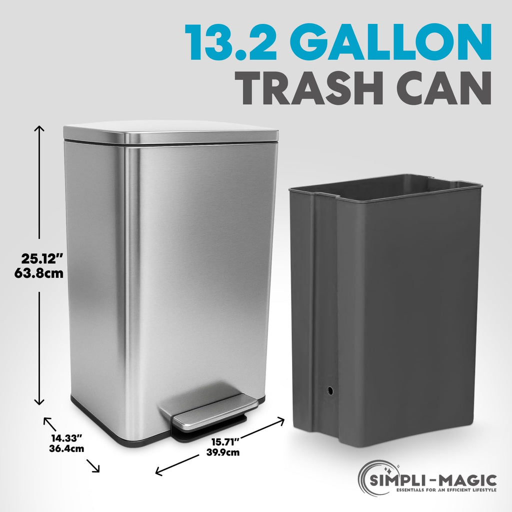50 Liter / 13.2 Gallon Soft-Close, Smudge Resistant Trash Can with Foot Pedal and Built in Filter- Stainless Steel