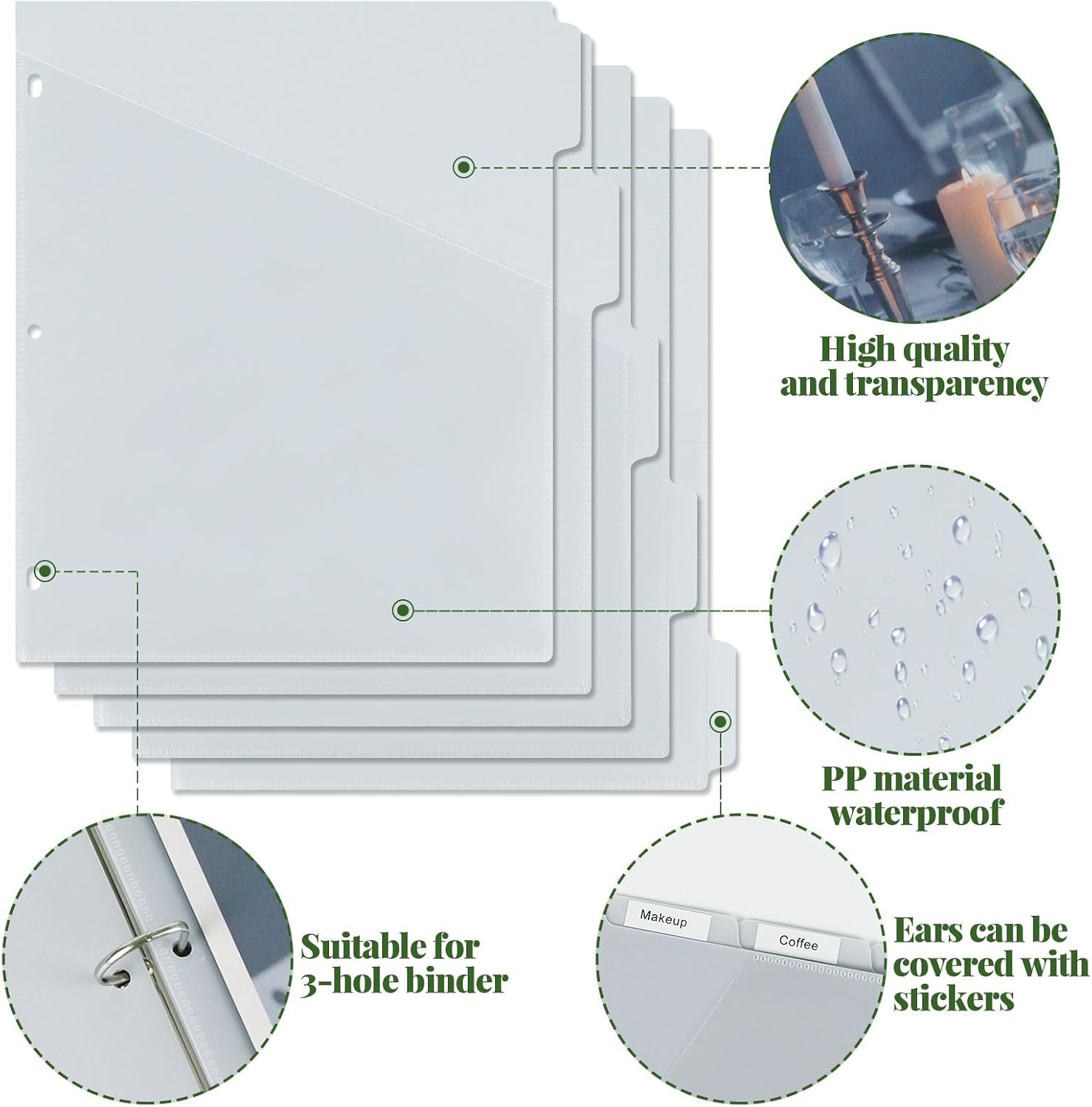 5 Tab Dividers for 3 Ring Binder with One Clear Front Pocket Grey | 9.3 x11.2 inch, Plastic Binder Dividers