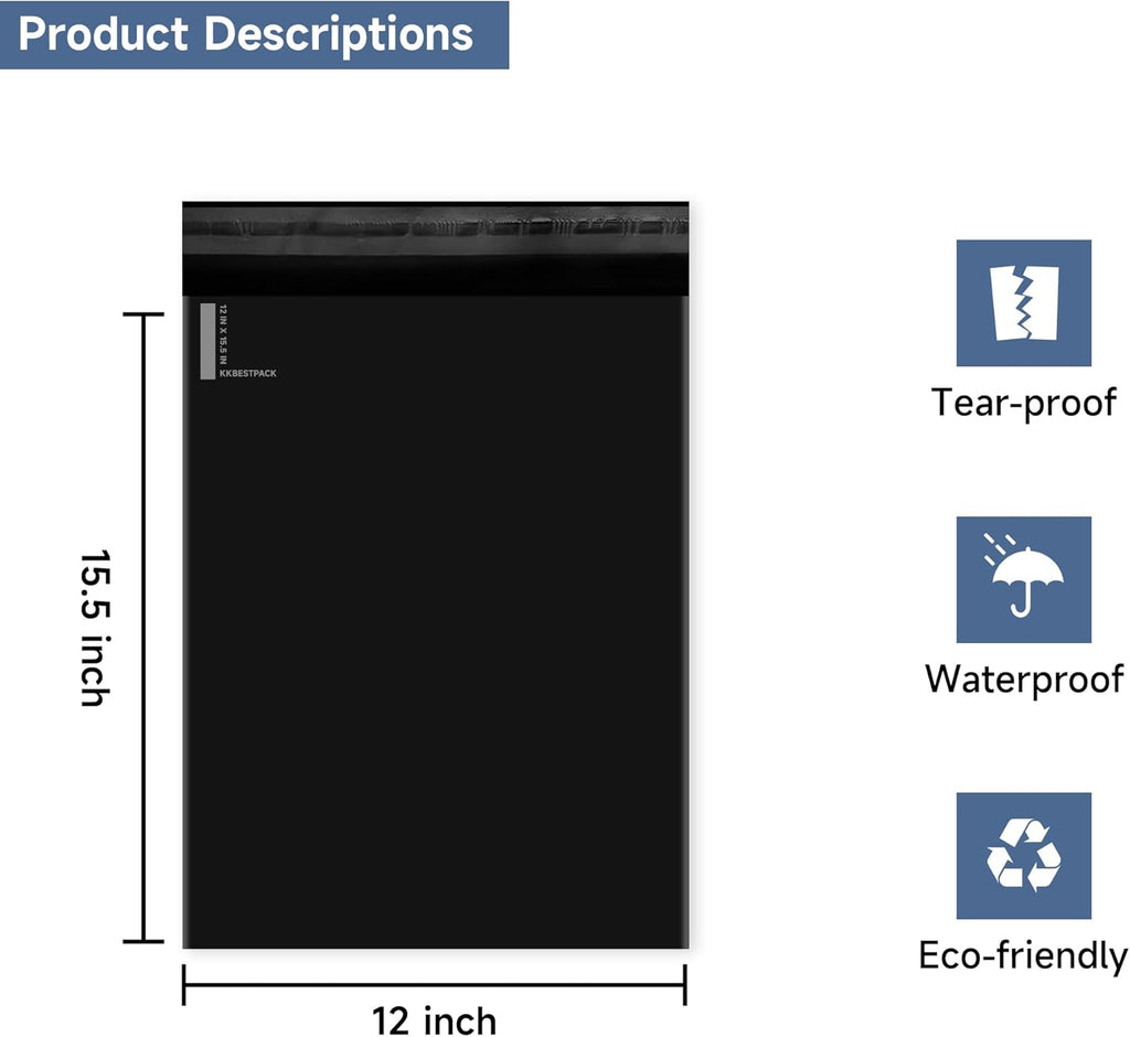 Black Poly Mailers 12x15.5 in, Shipping Bags, 100 Pcs | Shipping bags for clothes and mailing bags for packing