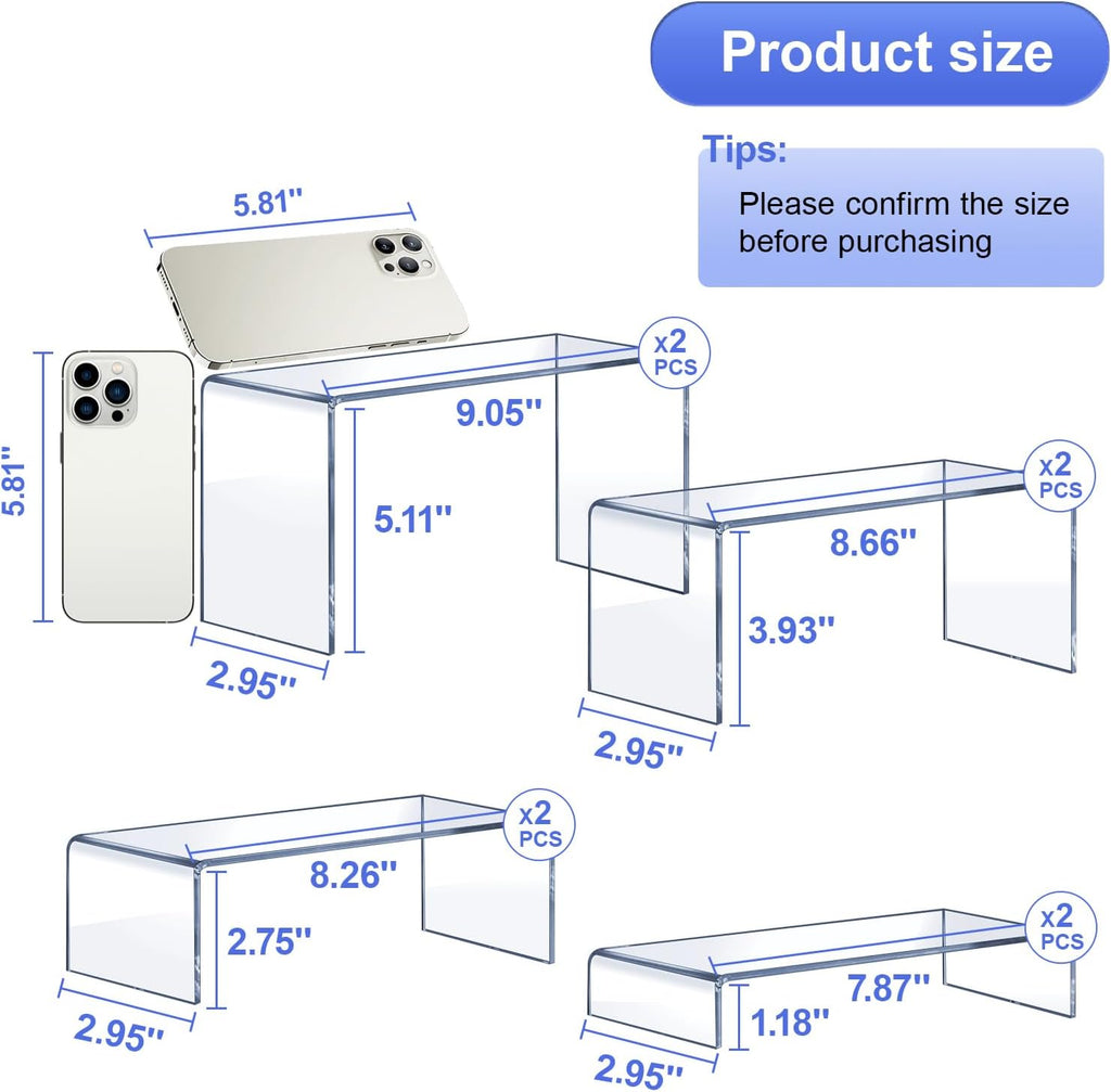Acrylic Risers 8 Pcs (2 Sets), Clear Display Stands, 4 Sizes | Tiered Display, Clear Acrylic Stands for Perfume