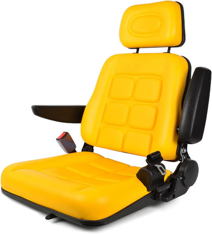 Universal Forklift Seat, Tractor Seat with Adjustable Back and Headrest | Yellow Lawn Mower Seat with Safety Belt and