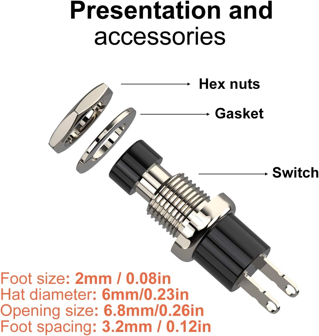 Momentary Push Button Switch, 1A 250VAC SPST Mini Pushbutton Switches Normal Closed (NC) Black Cap - 10pcs