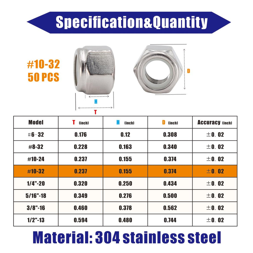 #10-32 Nylon Insert Hex Lock Nuts 50 Pack 304 Stainless Steel Self-Locking Nylon Lock Nuts Plain Finish for Industrial Construction Fasteners