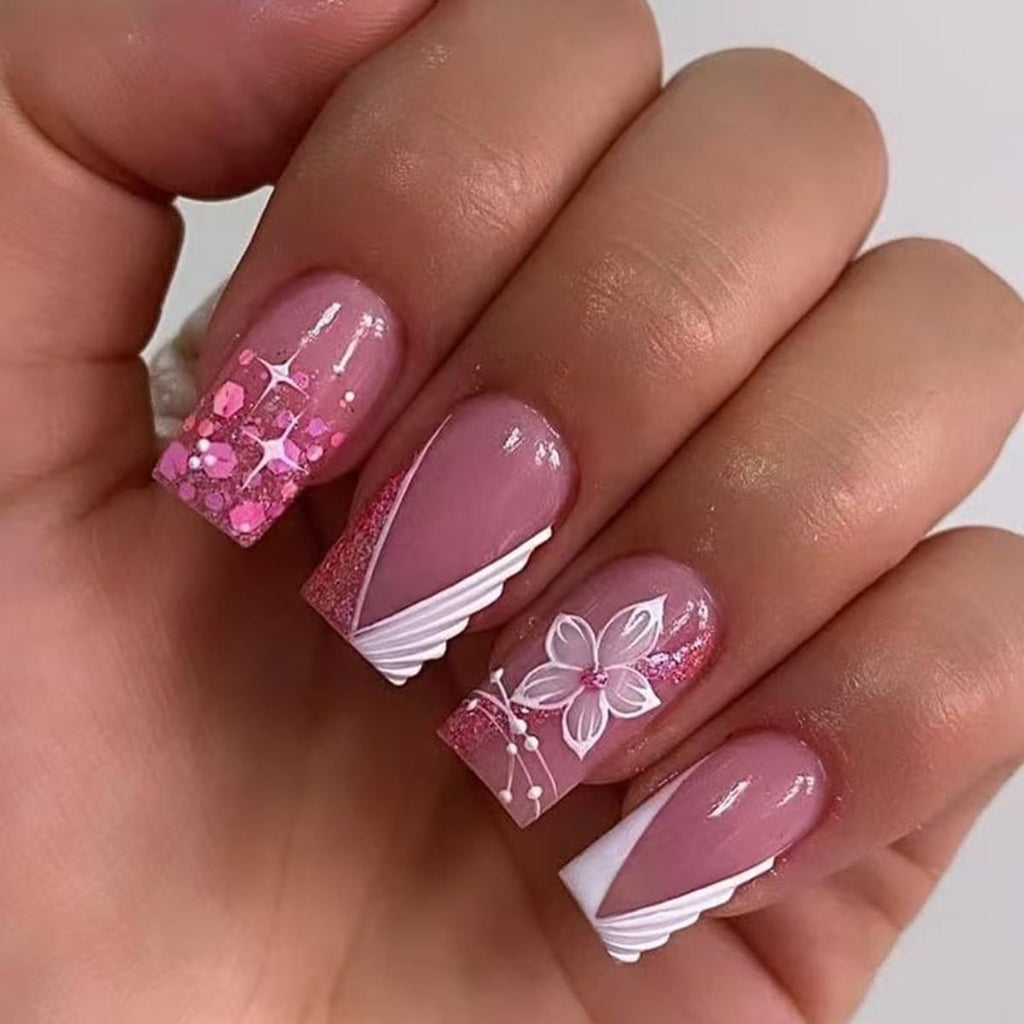 6 Packs (144 Pcs) Press on Nails Square - Short, Medium Nails Press ons - French Tip Fake Nails with Flower Design