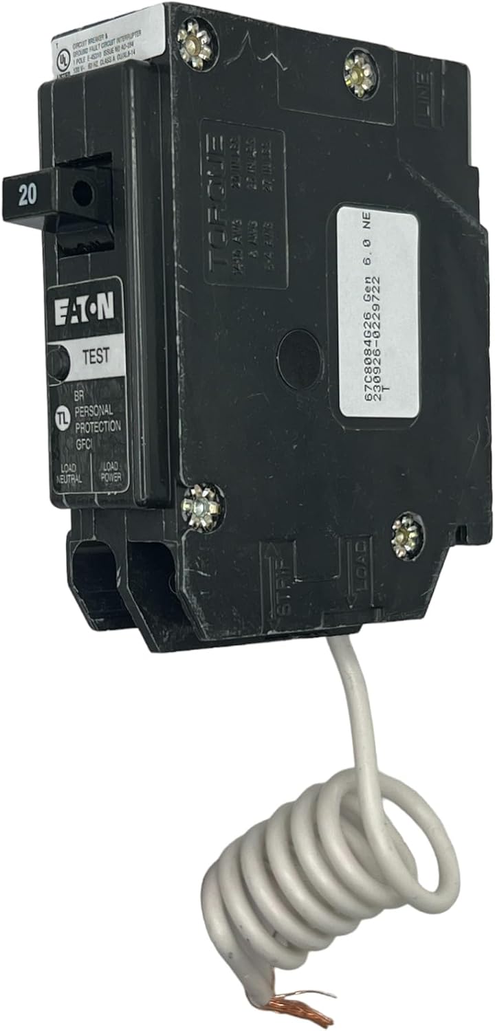 BRN120GF Circuit Breaker, GFCI, Type BR, 20 A, 1-Pole, 120/240 VAC, Trip-to-Center Trip, Plug