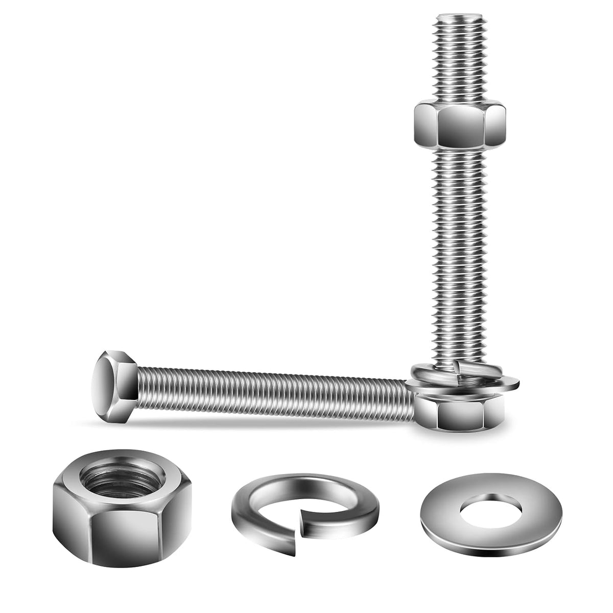 1/4-20 x 6 Hex Head Screw Bolt, Nuts, Flat & Lock Washers, 20Pcs 18-8 (304) Stainless Steel, Fully Threaded, by SG TZH