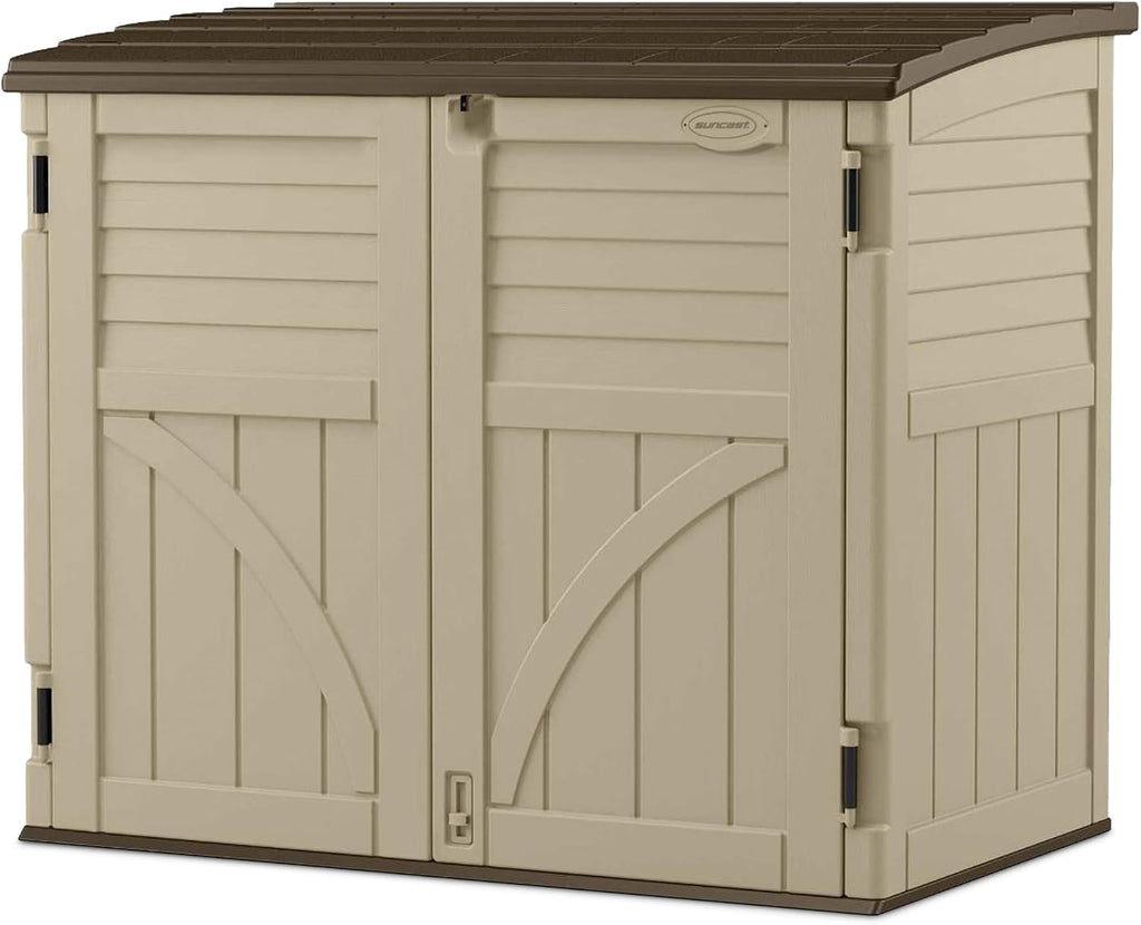 Horizontal Shed, Compact Outdoor Storage System, 34 Cu. Ft. Capacity, Sand & Slate - Lockable Multi-Wall Resin