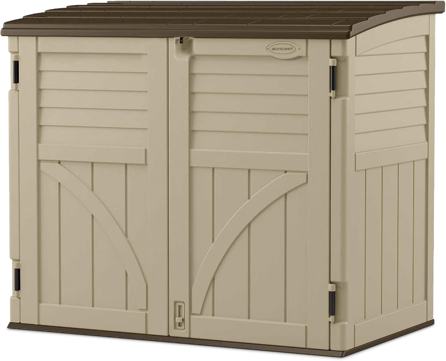Horizontal Shed, Compact Outdoor Storage System, 34 Cu. Ft. Capacity, Sand & Slate - Lockable Multi-Wall Resin