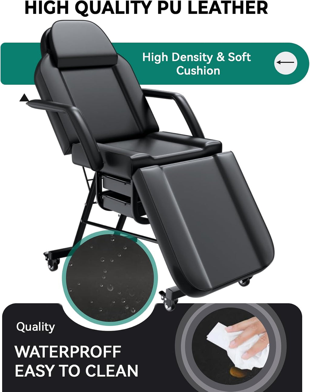 Black Tattoo Chair for Client with Hydraulic Rolling Stool, Tattoo Client Chair with Wheels Facial Chairs for