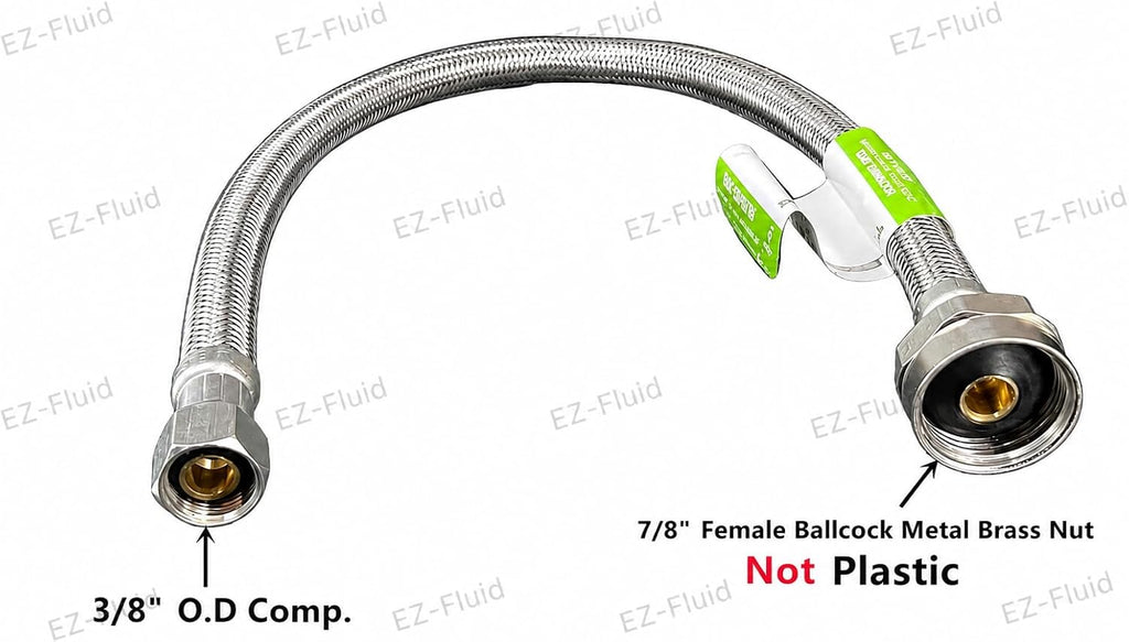 (1) EZ-Fluid 12-Inch Metal Nut Toilet Water Supply Connector,3/8" Compression x 7/8" Female Brass Ballcock BC,Toilet