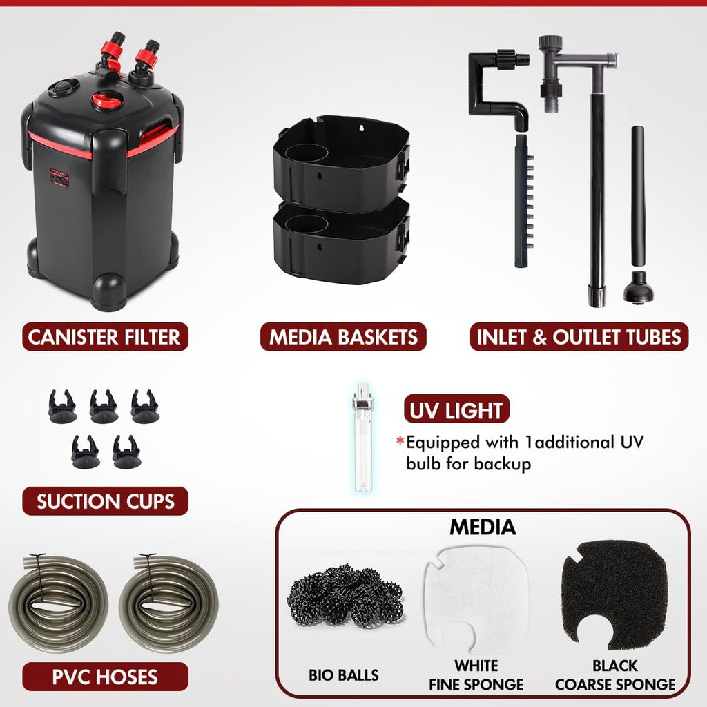 Canister Filter, External Aquarium Filter Ultra-Quiet with Media