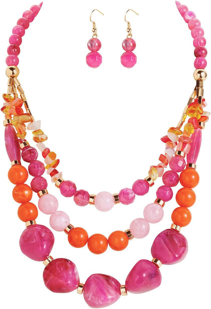 3 Layer Statement Chunky Beaded Necklace Fashion Costume Jewelry Set for Women Gifts (NK-10788)