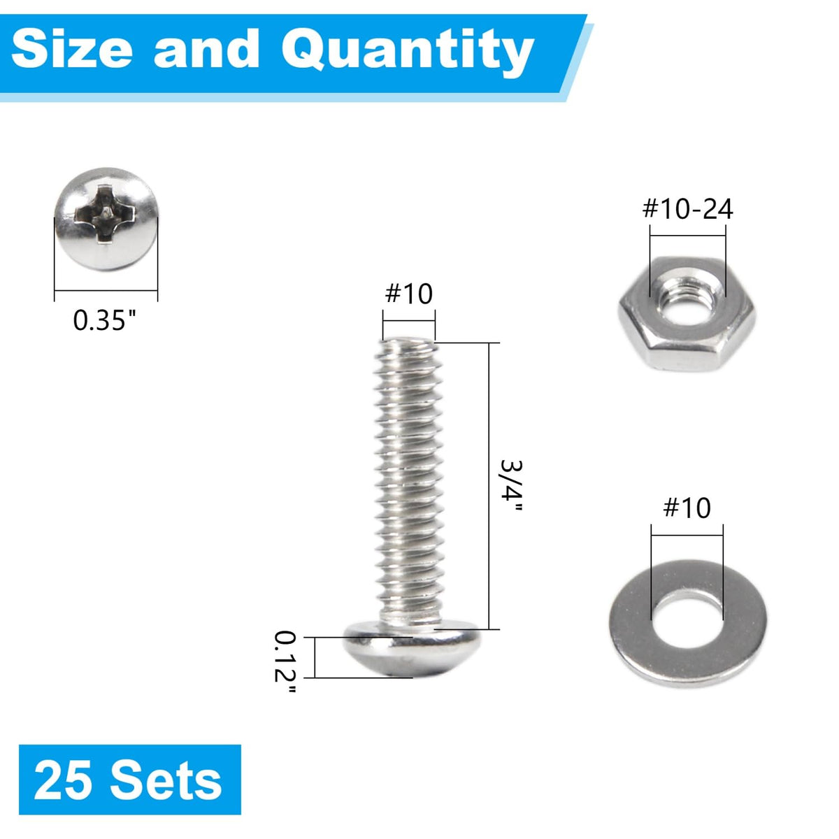 25 Sets #10-24 x 3/4" Pan Head Machine Screws Nuts Washers Kit