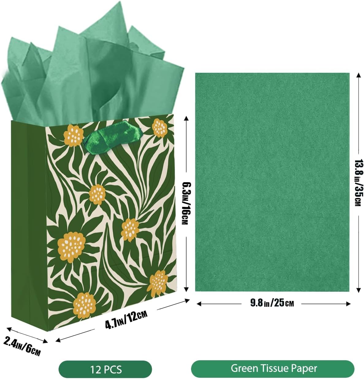 7.9"x4.3"x9.6" 6PCS Clash Flowers Paper Gift Bags with Tissue Paper Handles Medium Size Bags（ Tissue Paper ）