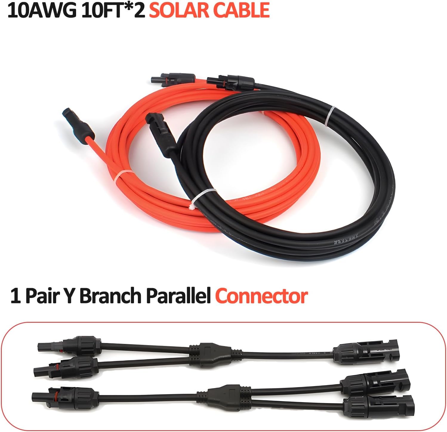 10FT 10AWG Solar Extension Cable with Female and Male Connector with Extra Free Pair of Solar Y Connector Adaptor Kit