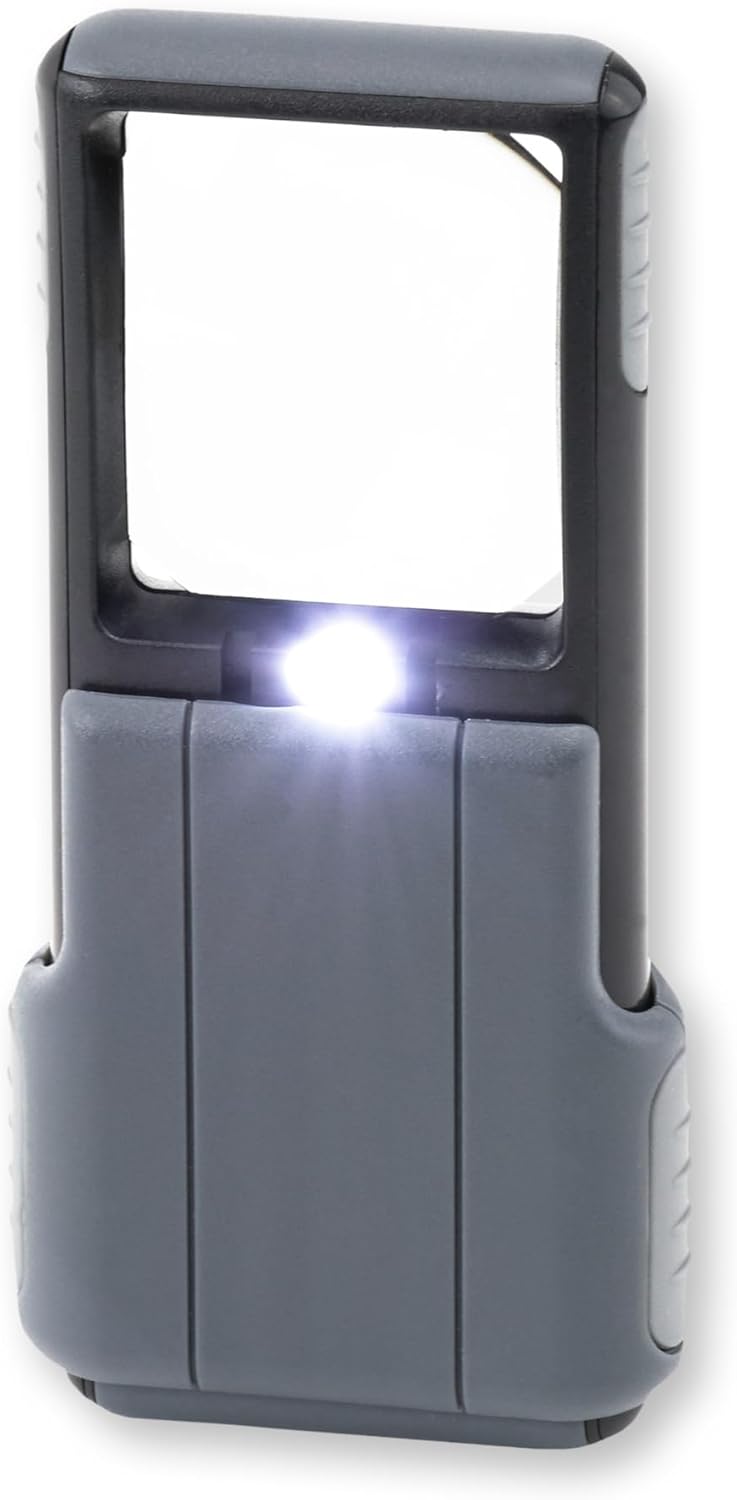 MiniBrite LED Lighted Slide-Out Aspheric Magnifier with Protective Sleeve (PO-55), 5X, Gray