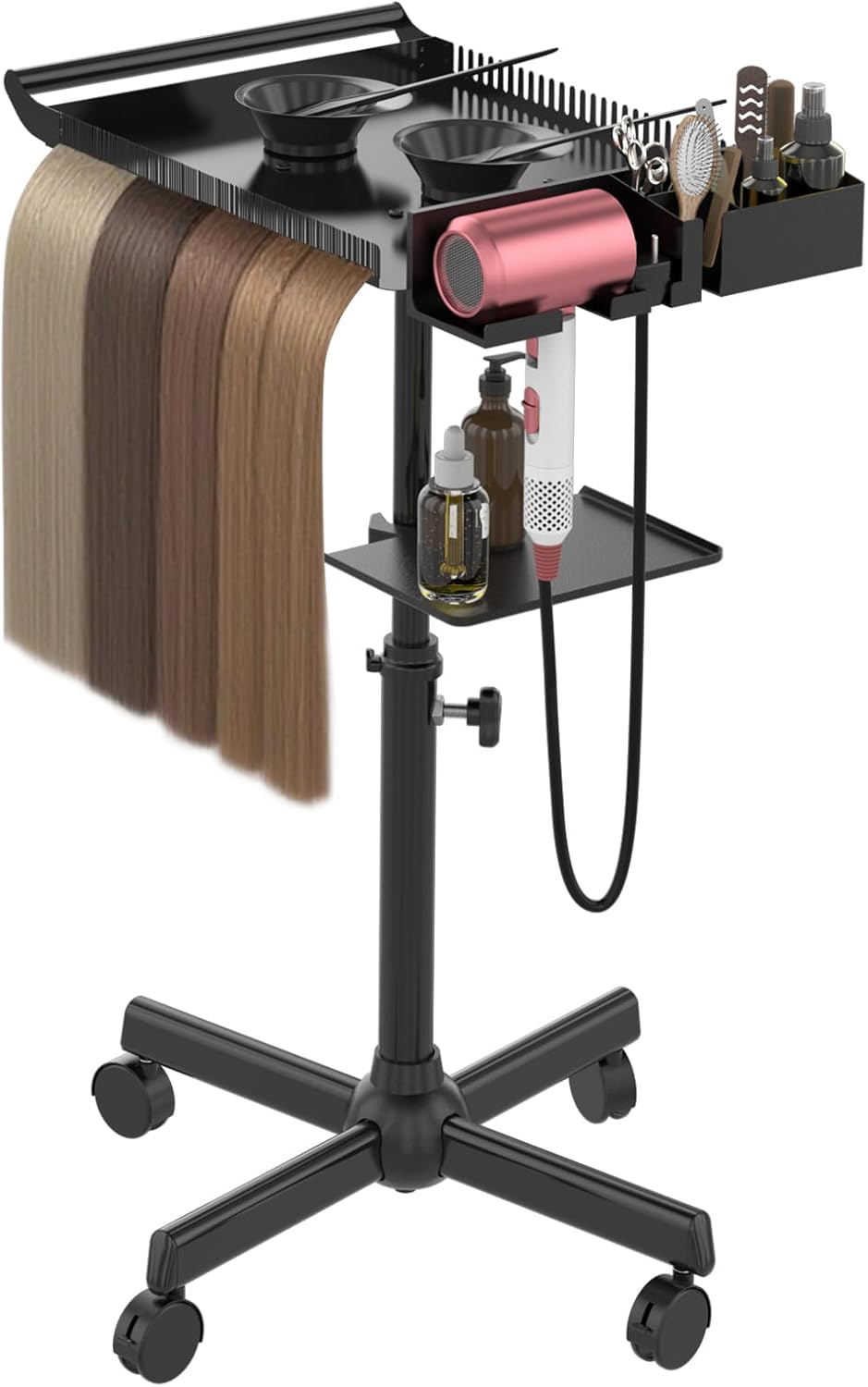 Hairstylist Tray on Wheels, Rolling Salon Tray with Holder and Hair Separator Stand, Salon Trolley Adjustable Tray