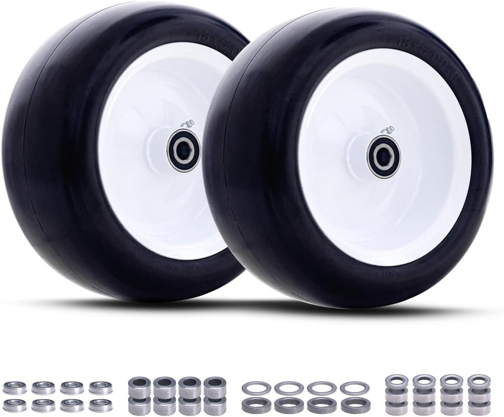 (2 Pack) 13x5.00-6 Flat Free Lawn Mower Tire and Wheel Assembly | Universal 3/4", 5/8" and 1/2" Bearings, 4.3"-6.7"