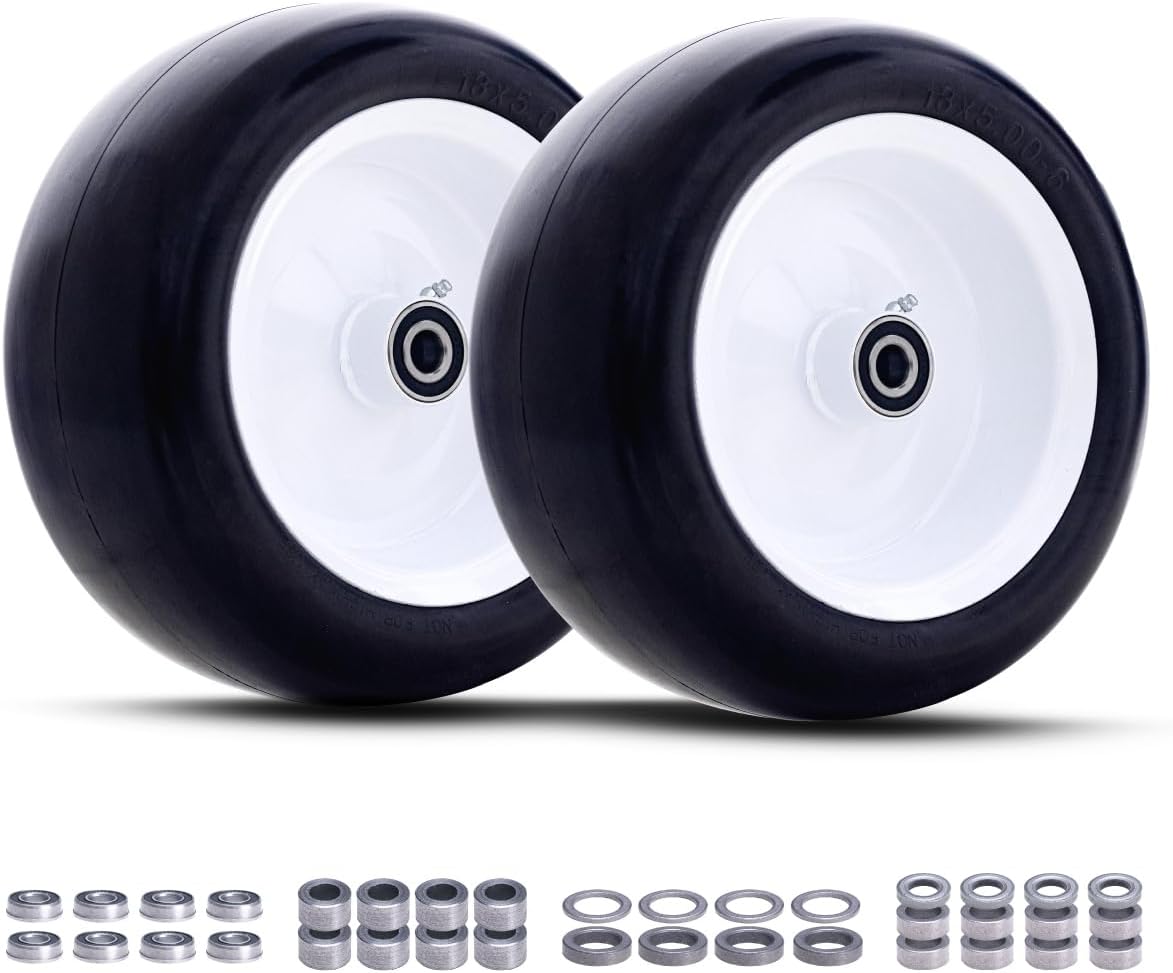 (2 Pack) 13x5.00-6 Flat Free Lawn Mower Tire and Wheel Assembly | Universal 3/4", 5/8" and 1/2" Bearings, 4.3"-6.7"