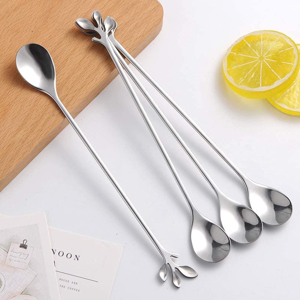 6-Piece Elegant Silver Leaf Long Handle Teaspoons - 7.4"