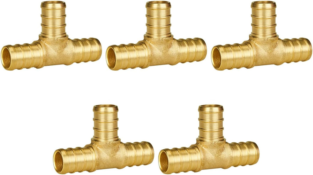 5-Pack 1/2 Inch PEX Tee, Brass PEX T Fittings | PEX Crimp Pipe Fittings 1/2" for Plumbing