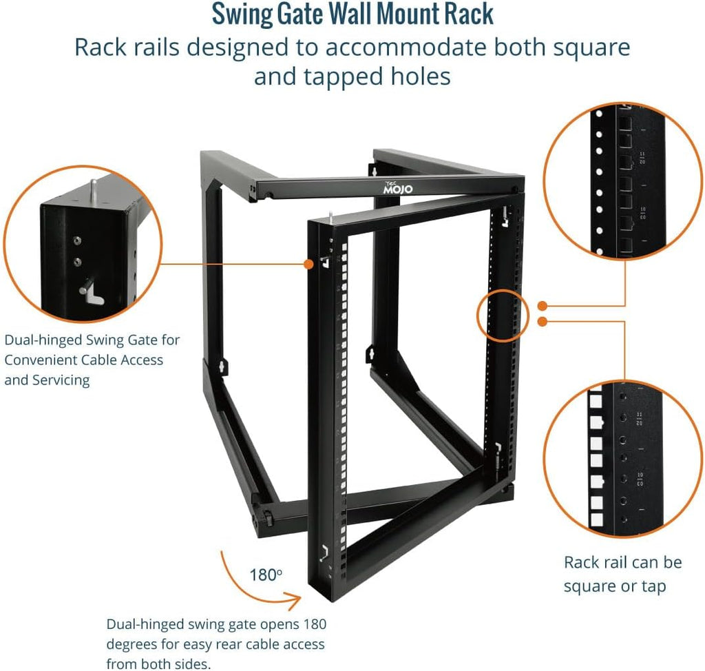 Tecmojo 12U Wall Mount Server Rack, Open Frame Network Rack for 19" Computer/AV/Data/IT/Media Equipment, 24" Depth, 16" Apart Mounting Holes, Swing Gate, Square and Tapped Holes