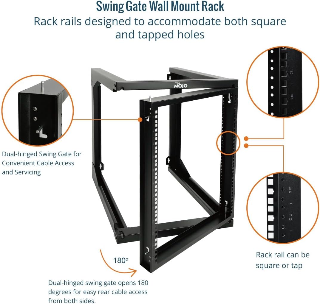 Tecmojo 12U Wall Mount Server Rack, Open Frame Network Rack for 19" Computer/AV/Data/IT/Media Equipment, 24" Depth, 16" Apart Mounting Holes, Swing Gate, Square and Tapped Holes