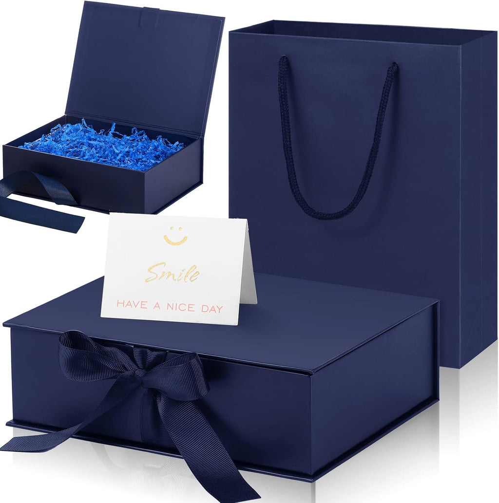 Dark Blue Luxury Gift Box with Lid Ribbon Bag and Card, 9x7x3