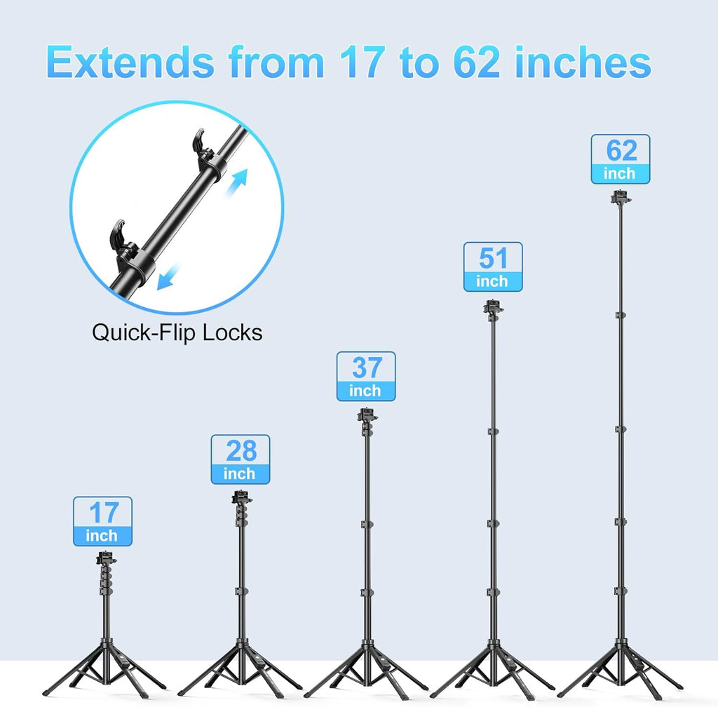 62" Professional Cell Phone Tripod, Ultra Stable 4 Leg Design, Bluetooth Remote, 100% All Aluminum Stick & Legs