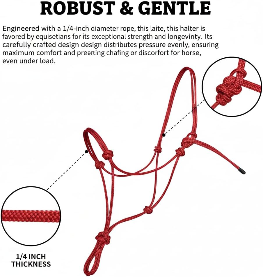 Rope Horse Halter, Braided Training Halter with Hand-Knotted Design, Multiple Sizes for Yearling, Small, Mule &