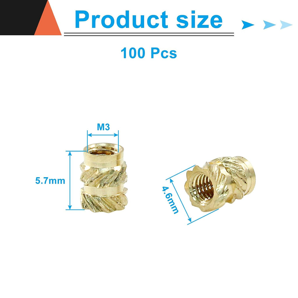 100 Pcs M3x5.7x4.6 Threaded Inserts, Brass Knurled Nuts