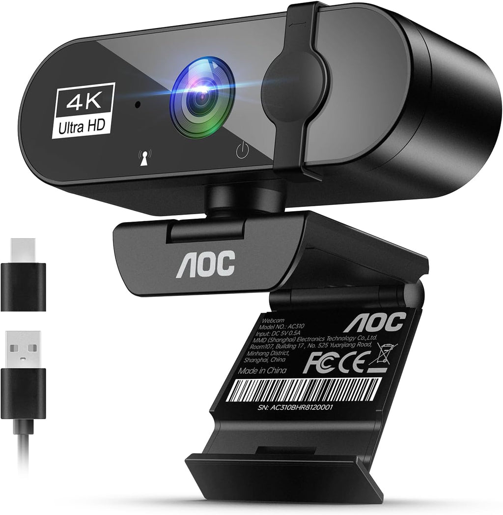 4k Webcam for PC with Microphone, Computer Camera with Noise Cancellation, Privacy Cover, 99° FOV, Plug & Play USB