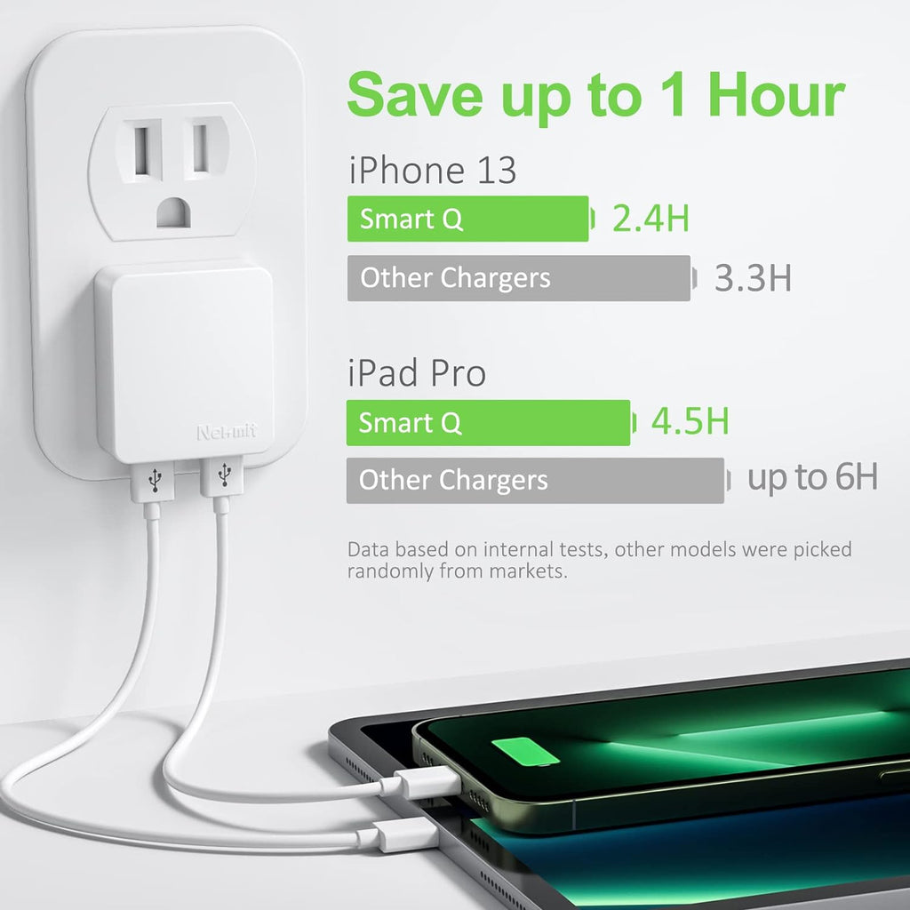 Dual Port Ultra Thin Flat USB Wall Charger with Smart IC, White