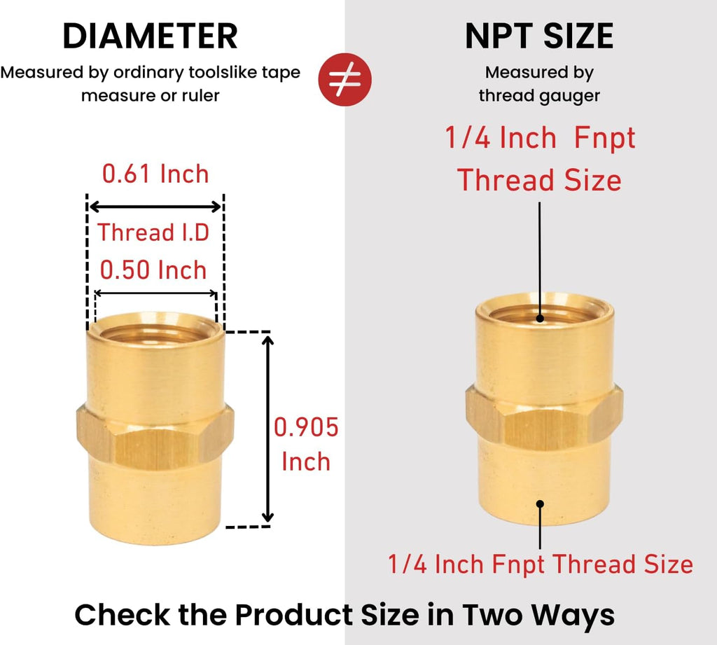 Brass Coupling 1/4 Inch NPT Female x 1/4 Inch NPT Female Hex Head Pipe Fitting, Pack of 10, Compressor connector 1/4