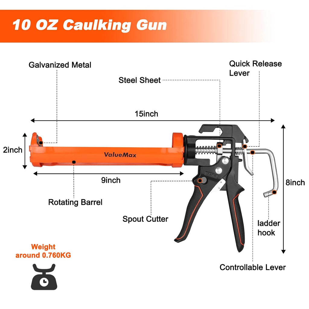 Caulk Gun, 9 Inch Silicone Sealant Caulking Gun No Drip