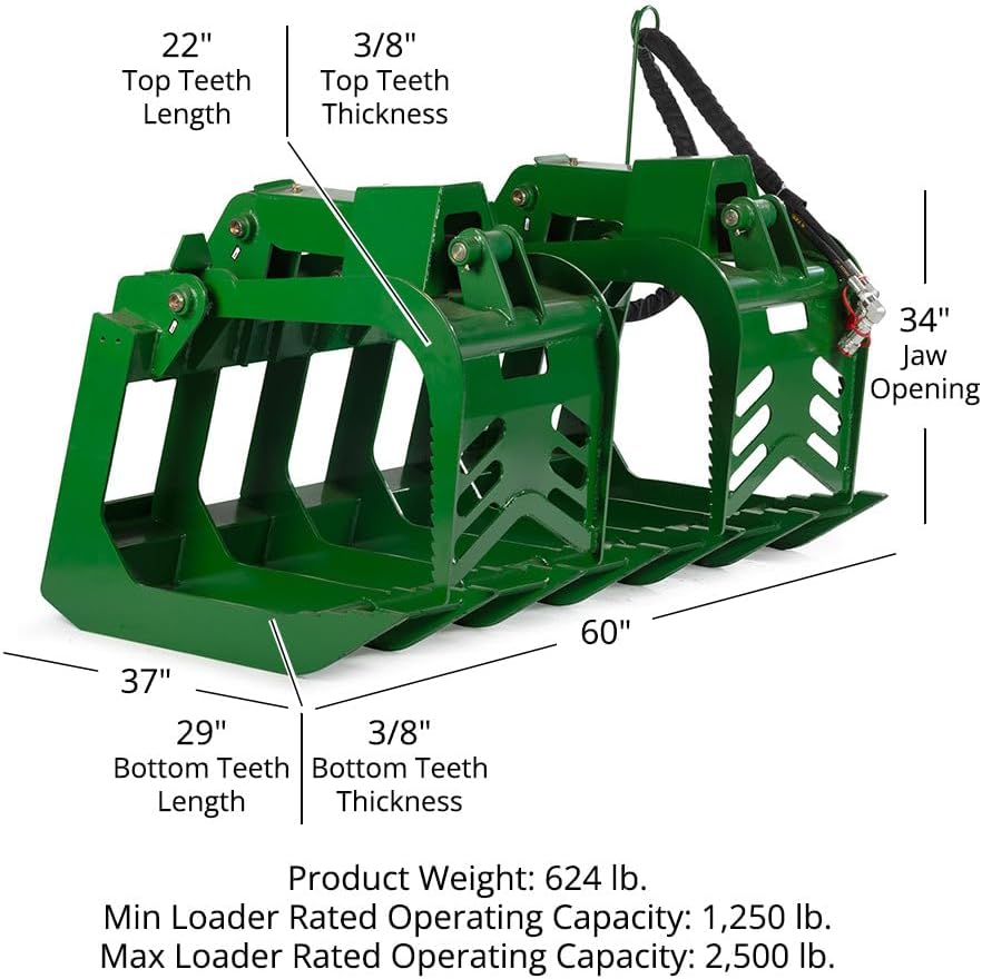 Grade 50 Standard Series Root Grapple Bucket Fits John Deere Hook and Pin, Dual Cylinder Hydraulic Design for