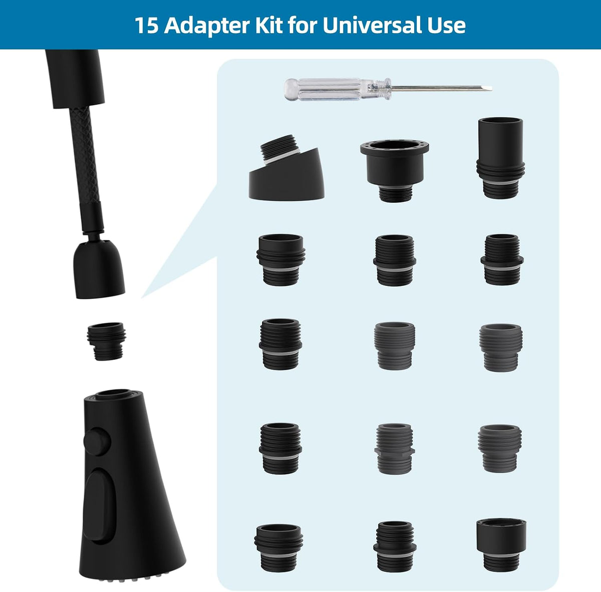 Universal Kitchen Faucet Head Replacement, 3 Modes, 15 Adapter Kit, Black