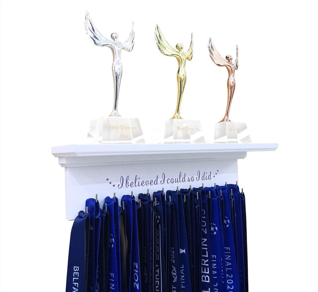 Premium Trophy Shelf and Medal Hanger Featuring Solid Wooden and Sturdy Ribbon Hooks. Wall Mount Medal Holder Display