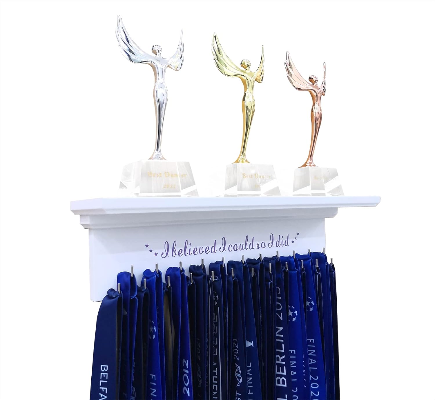 Premium Trophy Shelf and Medal Hanger Featuring Solid Wooden and Sturdy Ribbon Hooks. Wall Mount Medal Holder Display