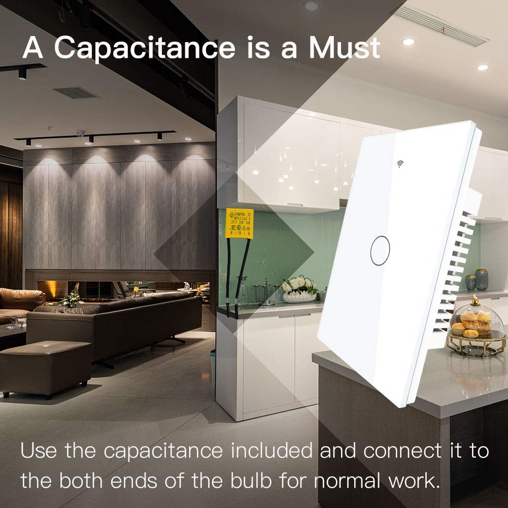 MoesGo WiFi RF433 Smart Touch Light Switch, No Neutral Wire, White 1 Gang