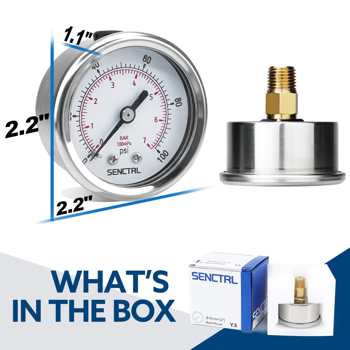SENCTRL 0-100 Psi Pressure Gauge, 1/4" NPT Back Mount
