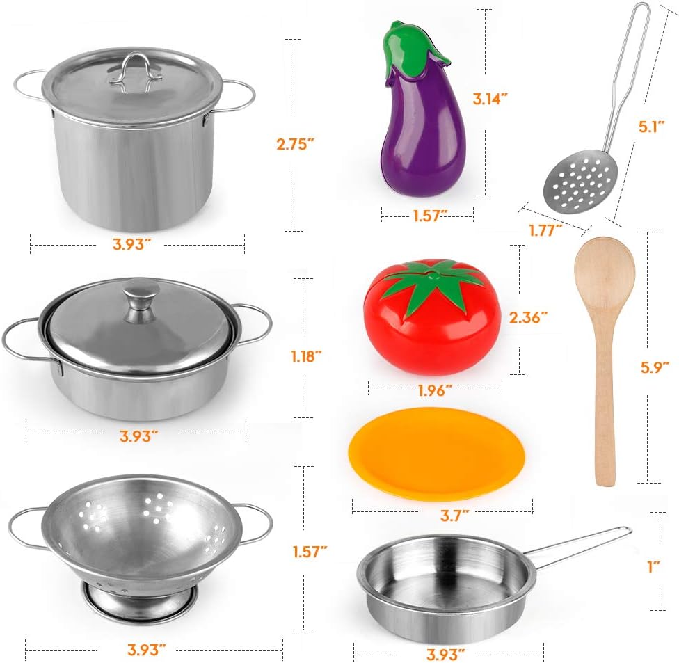 Play Kitchen Accessories, Kids Play Pots and Pans Playset with Mini Stainless Steel Pretend Play Cooking Toys