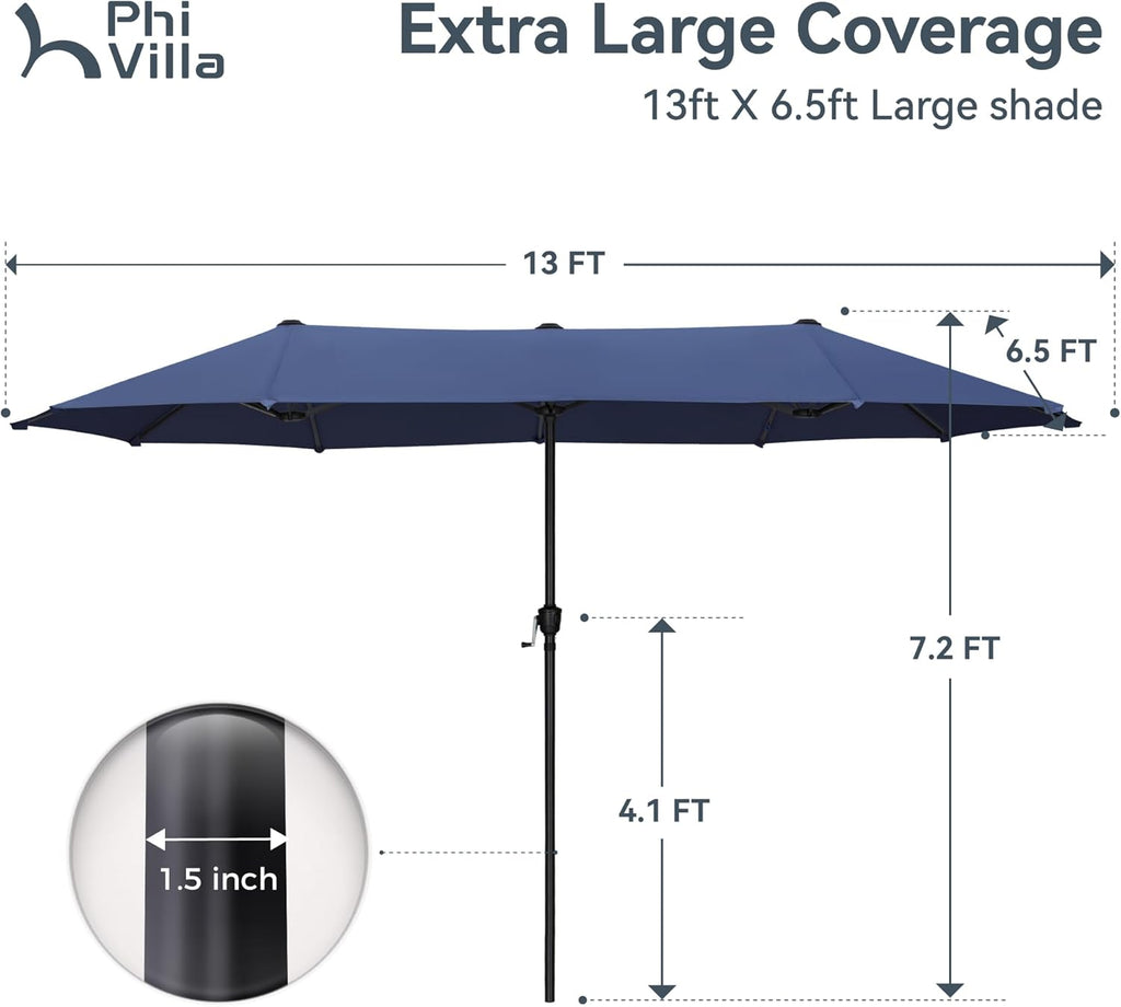 13ft Outdoor Market Umbrella Double-Sided Twin Large Patio Umbrella with Crank, Navy Blue