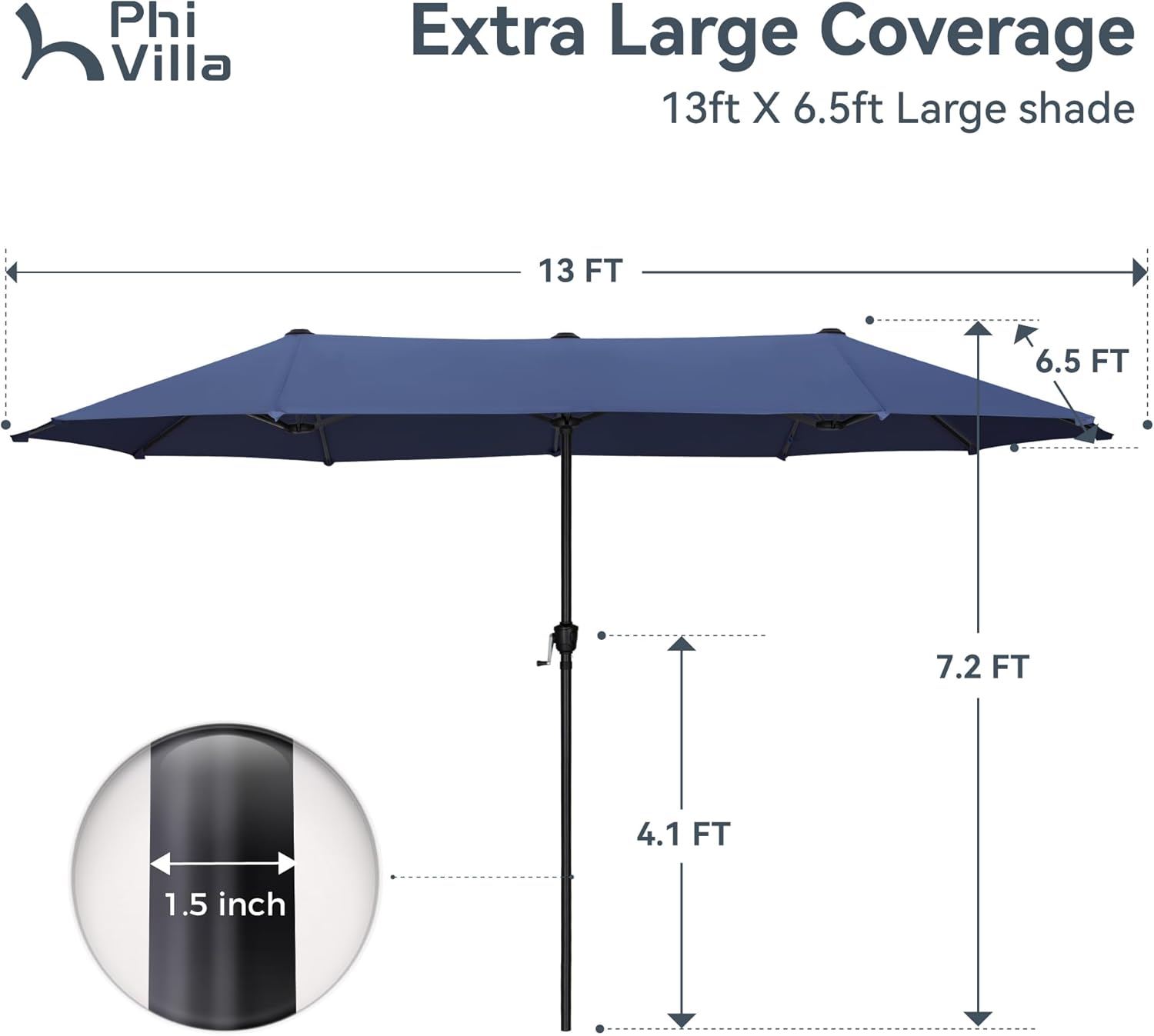 13ft Outdoor Market Umbrella Double-Sided Twin Large Patio Umbrella with Crank, Navy Blue
