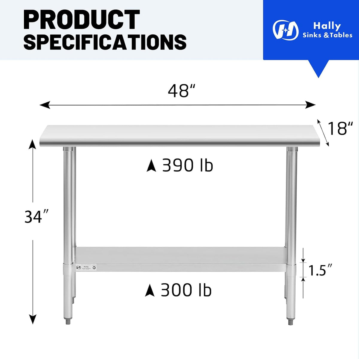 Hally Stainless Steel Table for Prep & Work 18 x 48 Inches NSF Commercial