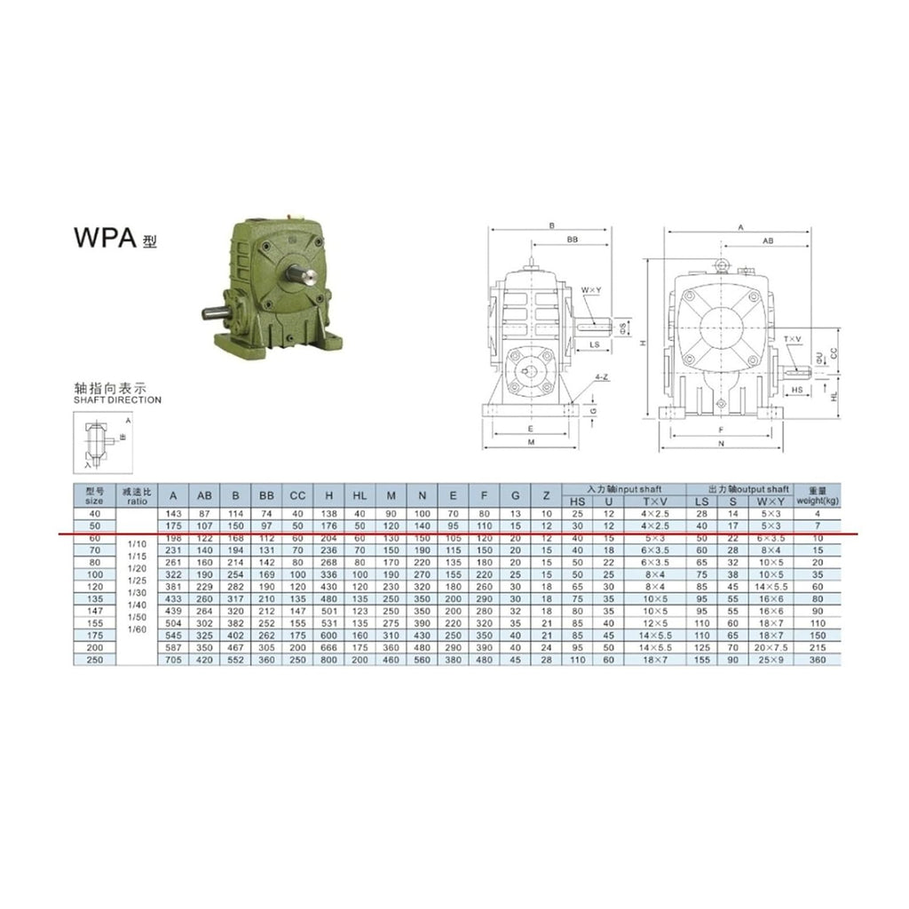 Worm Gear Reducer WPA-50-A, Speed Ratio 1:10 15~60